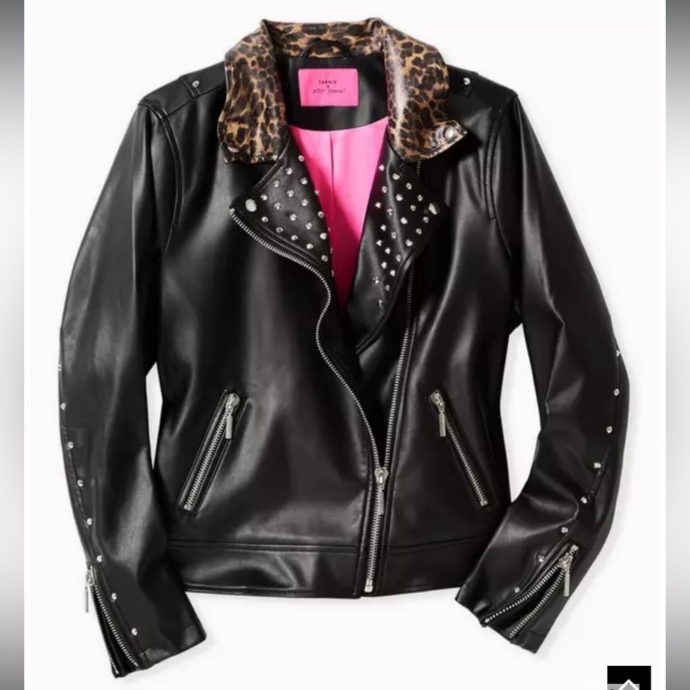 Betsey Johnson Torrid Black Faux Leather Leopard Trim Moto Jacket